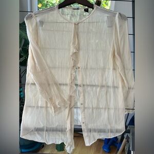 Sheer Cream Silk Ruffle Button-Up Blouse with Distressed Edges. Size 8